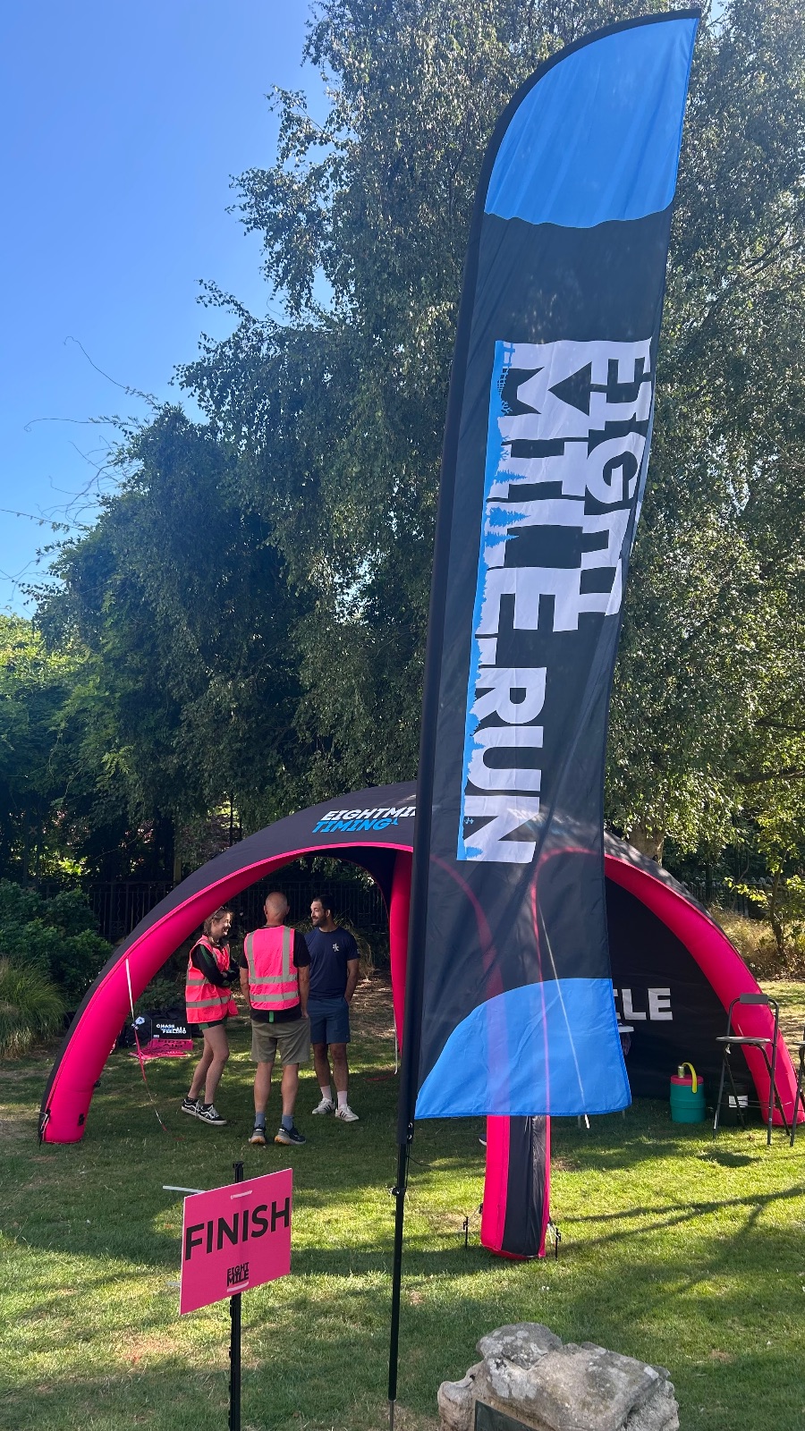 Eightmile finish arch and flags at the race finish line