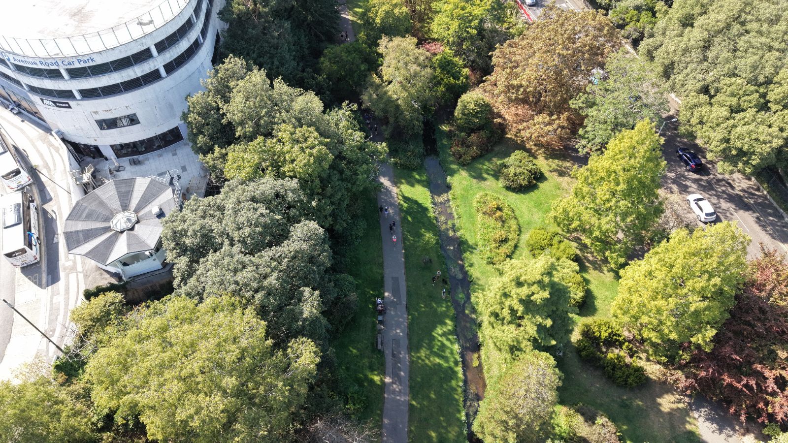 Aerial view over the pagoda and lower gardens towards Bournemouth town