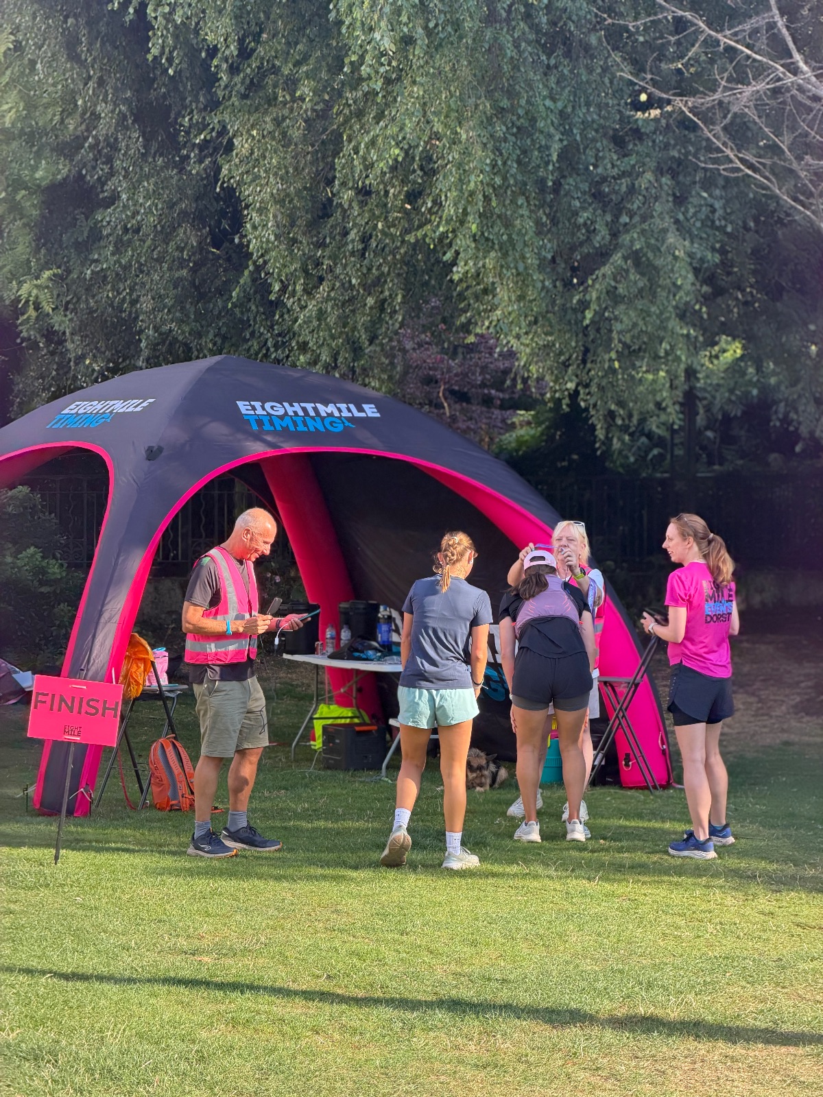 Eightmile Timing tent and finish area in the gardens