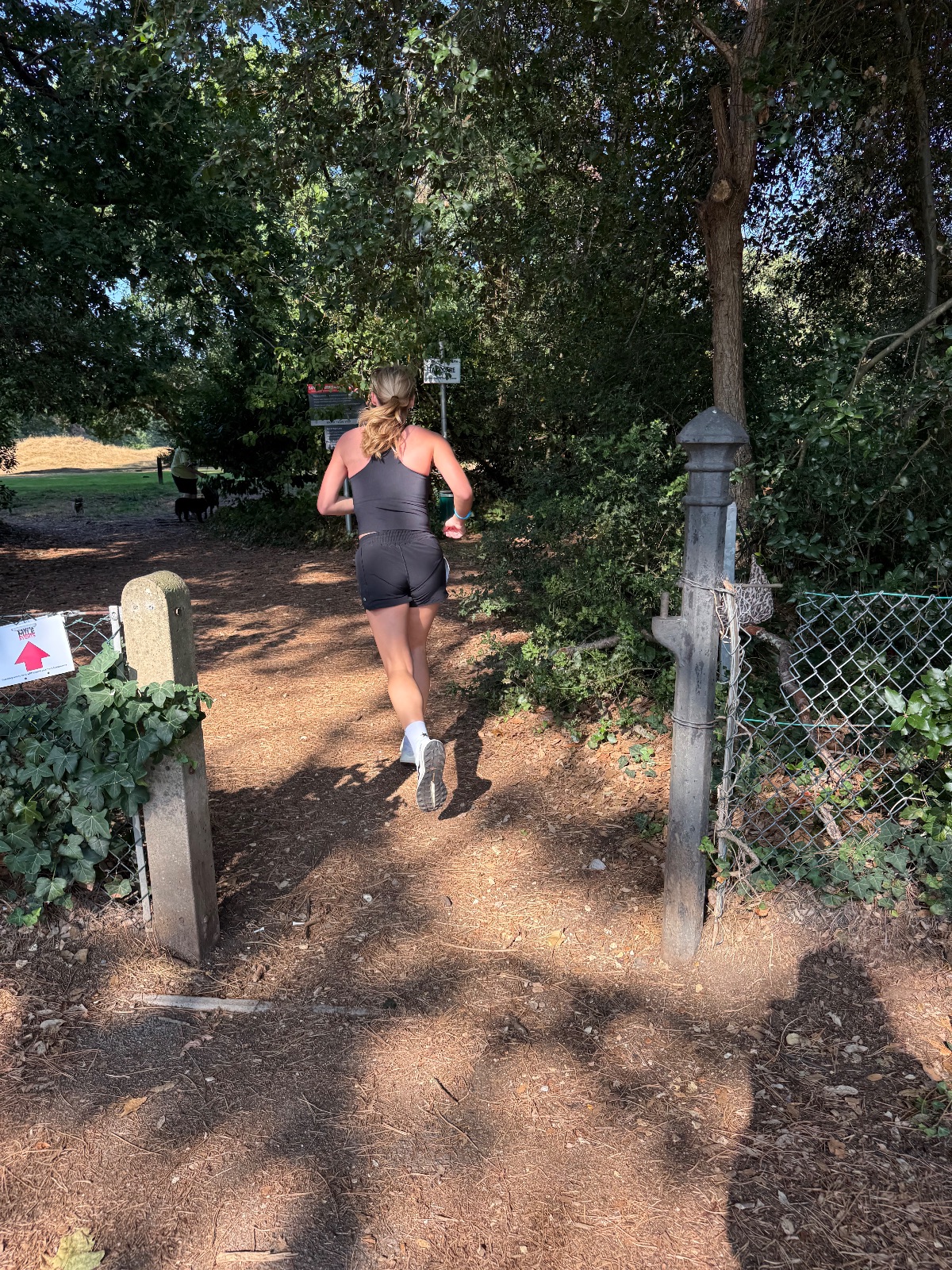 Runner heading through the gate onto the woodland path
