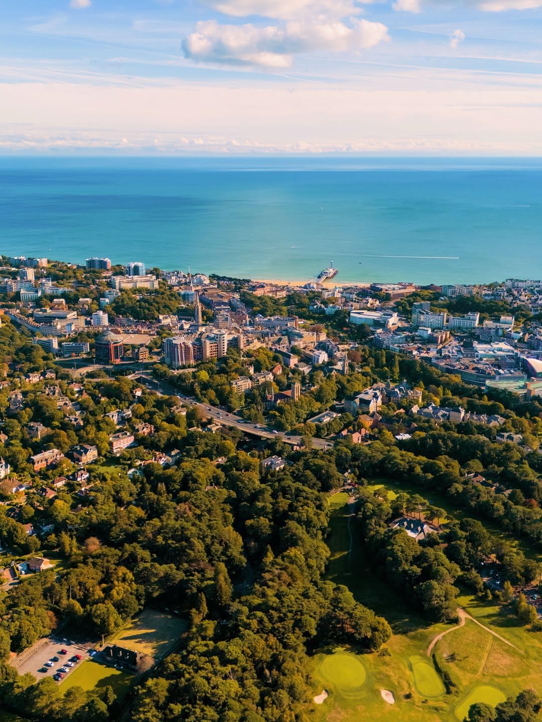 Aerial view from Meyrick Park trails out to Bournemouth town and the sea
