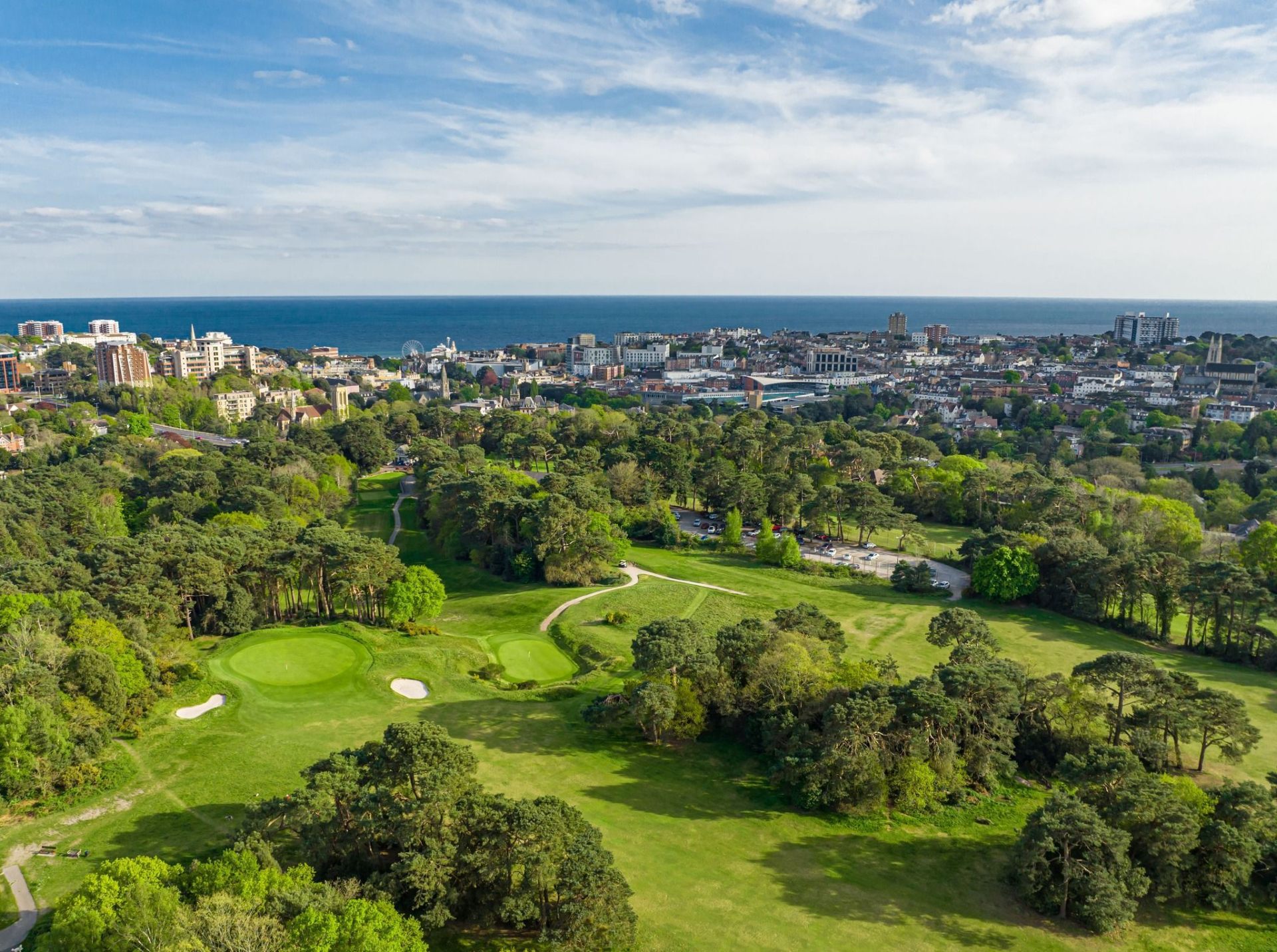 Aerial view from Meyrick Park trails out to Bournemouth town and the sea